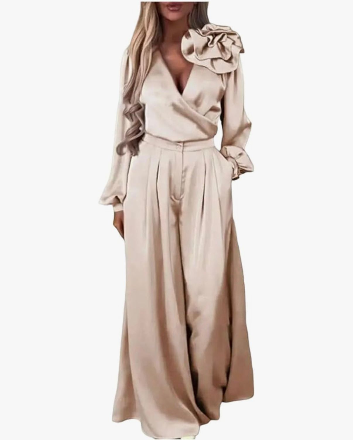 Women's Satin Two Piece Pants Set V Neck Blouse High Waist Wide Leg Trousers Elegant