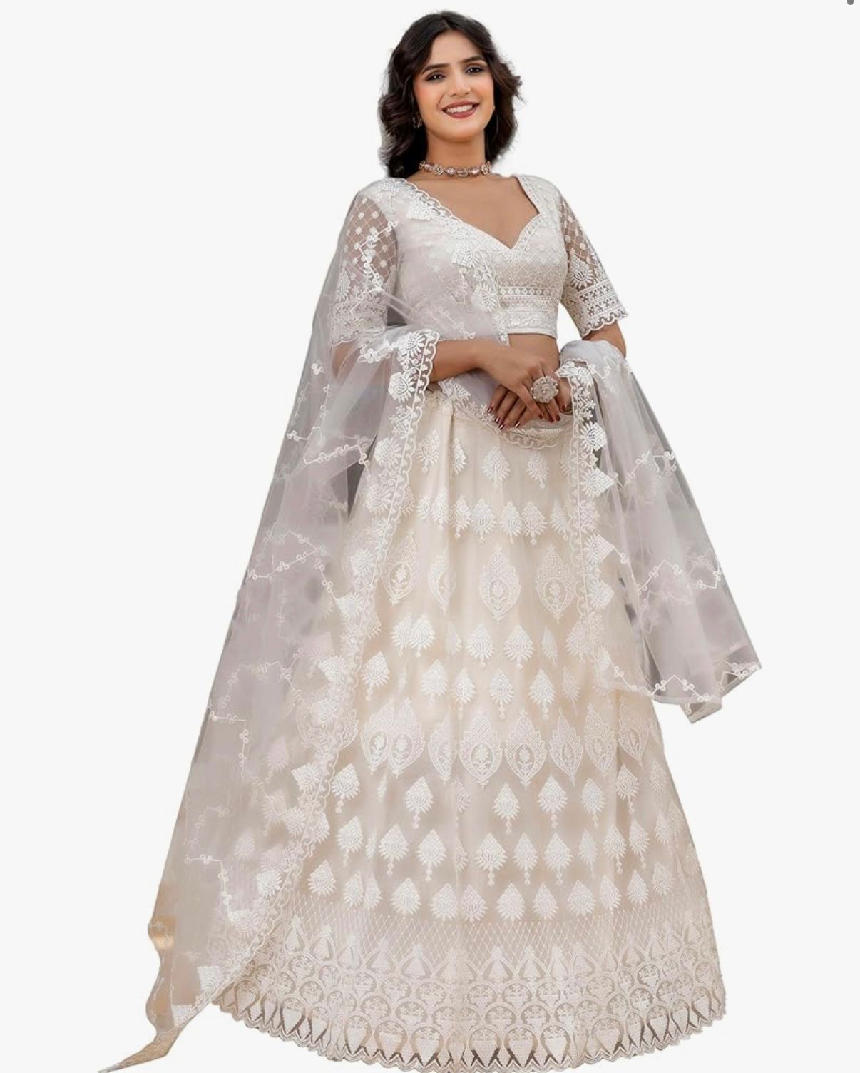 SAFED DUNES - TRENDMALLS Women's White Net Embroidery Sequence Work Lehenga Choli Set with Dupatta For Women