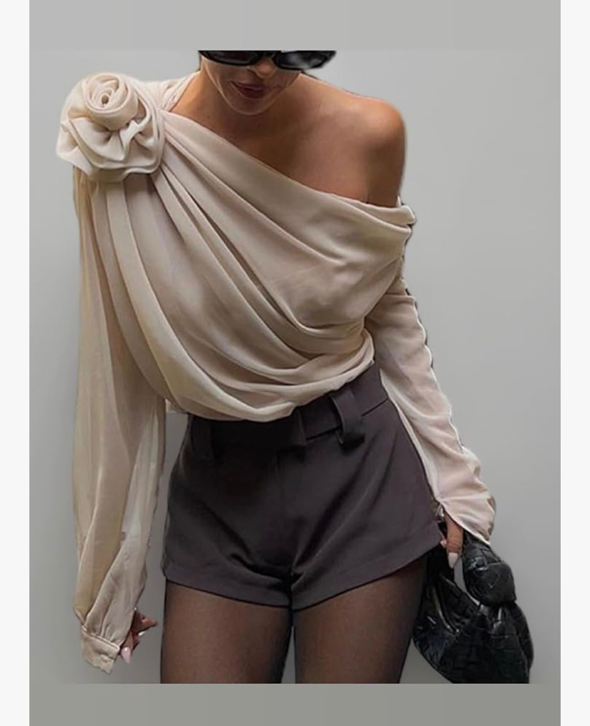 ARISIYA - Women Sexy Chiffon Top One Shoulder Long Sleeve 3D Floral Mesh Shirt Top