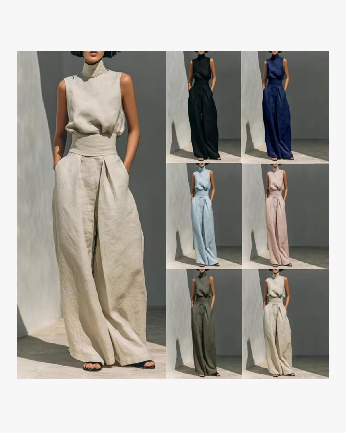 TIA - Casual Two Piece Set for Women Sleeveless Mock Neck High Waist Wide Leg Trousers Loungewear with Pockets