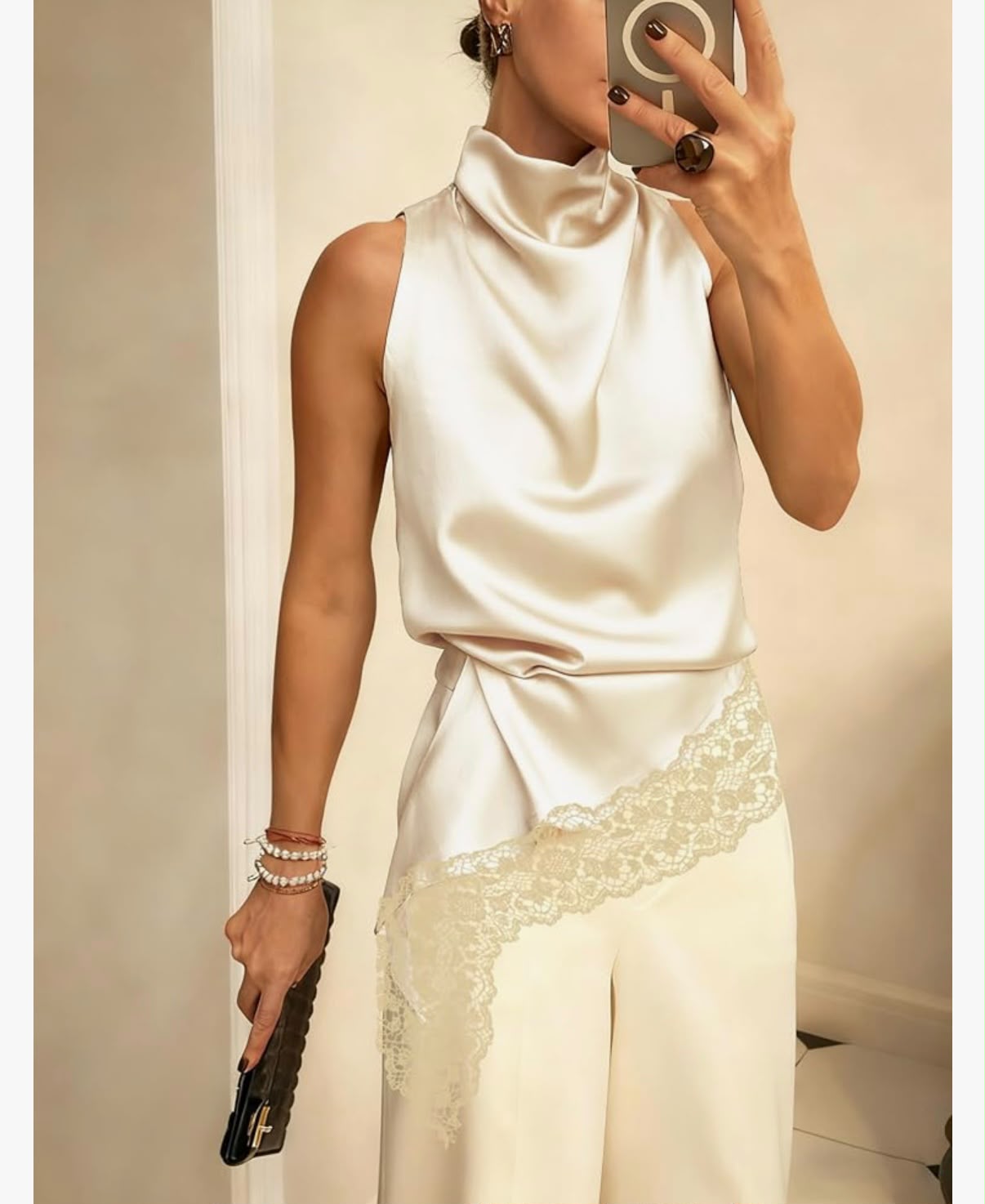 KHADIJA - Acrawnni Women Y2K Lace Trim Satin Halter Top Sleeveless Mock Neck Silk Loose Fit Lace Asymmetrical Hem Cami Top Going Out Tops