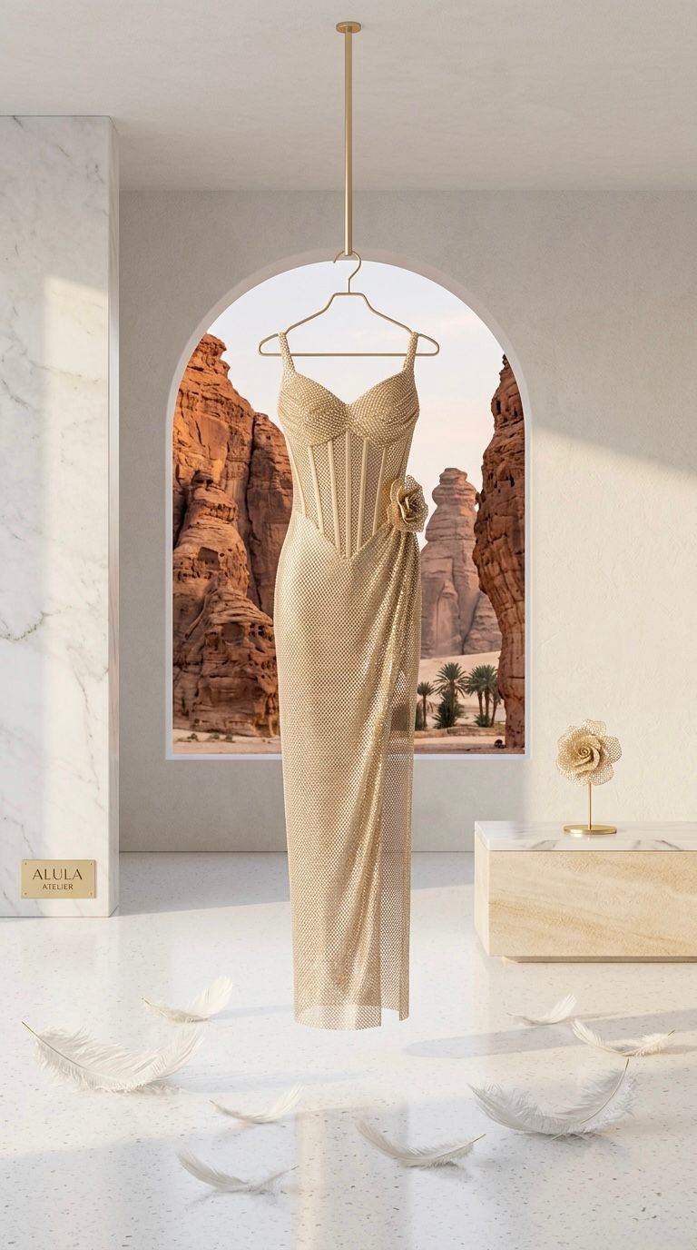 Gold Pleated Sequined Fishnet Flower Strapless Split Evening Party Maxi Dress