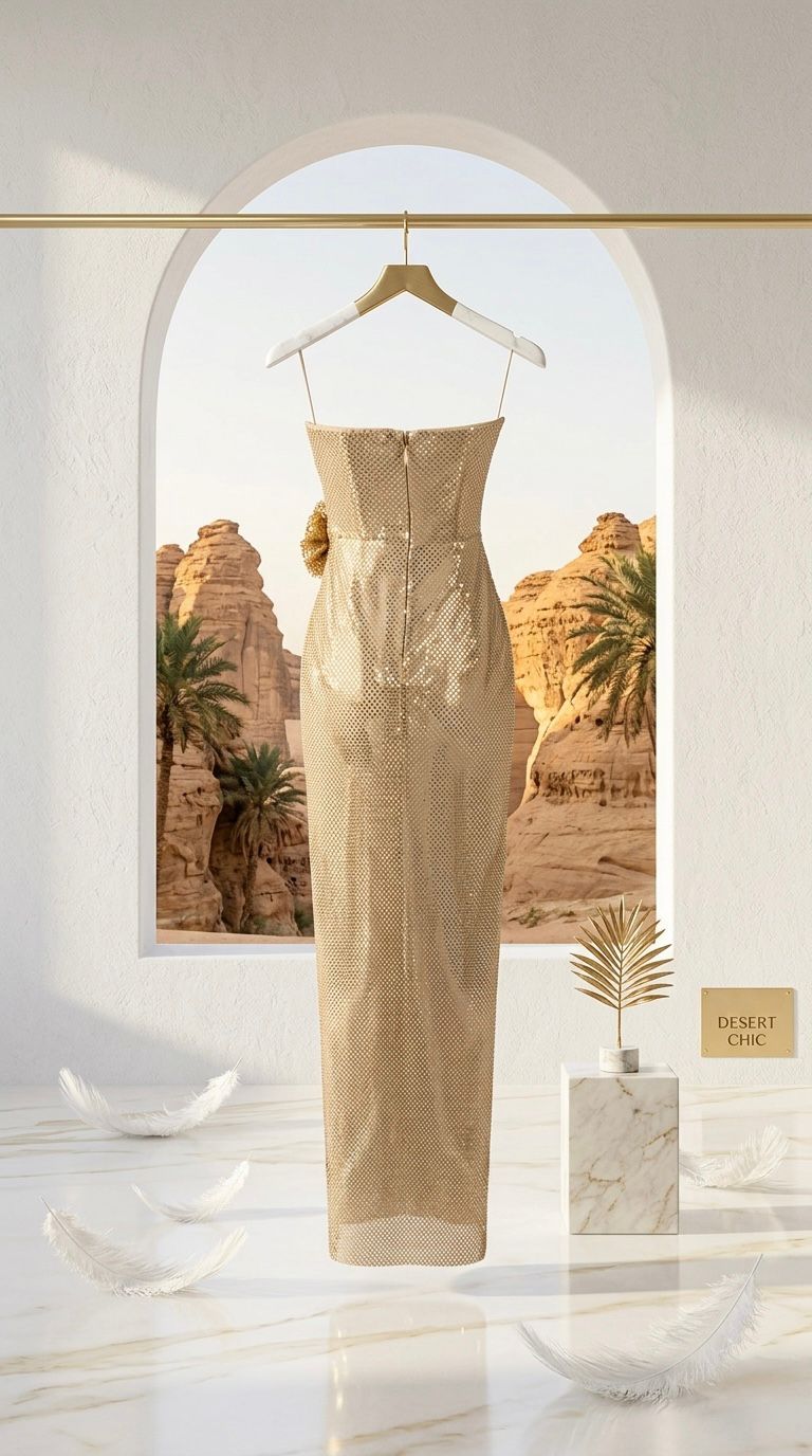 Gold Pleated Sequined Fishnet Flower Strapless Split Evening Party Maxi Dress