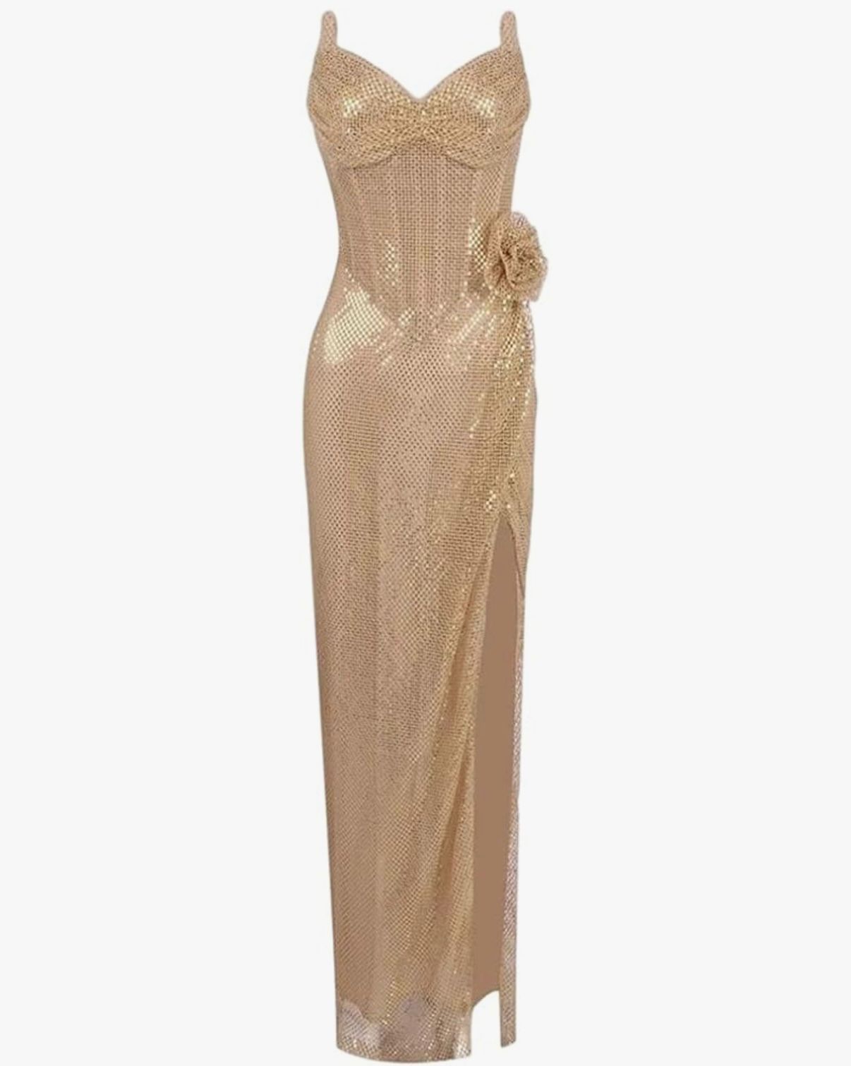 Gold Pleated Sequined Fishnet Flower Strapless Split Evening Party Maxi Dress