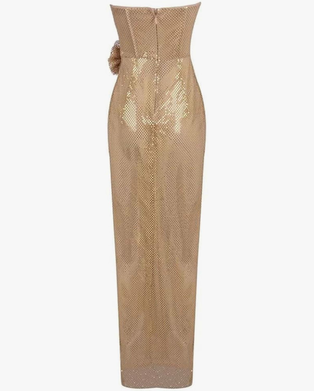 Gold Pleated Sequined Fishnet Flower Strapless Split Evening Party Maxi Dress