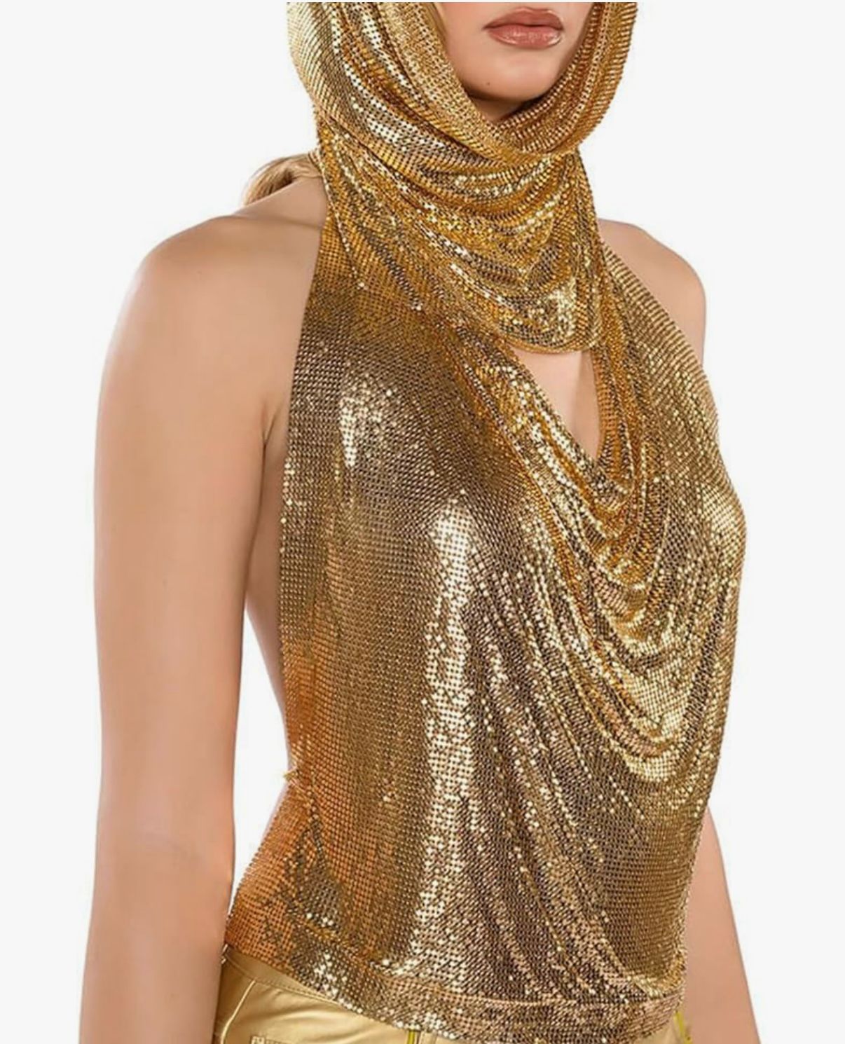 Women Glitter Sequins Backless Tank Top and Head Scarf Hat 2 Piece Outfit Set