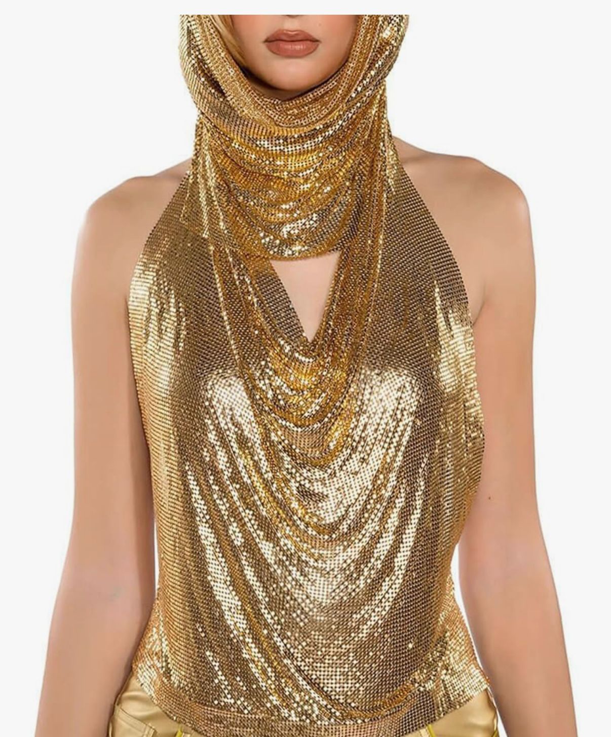 Women Glitter Sequins Backless Tank Top and Head Scarf Hat 2 Piece Outfit Set
