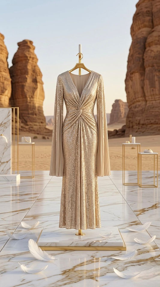 ISIS - Draped Women's Elegant Metallic Mesh Dress Sequin Dress