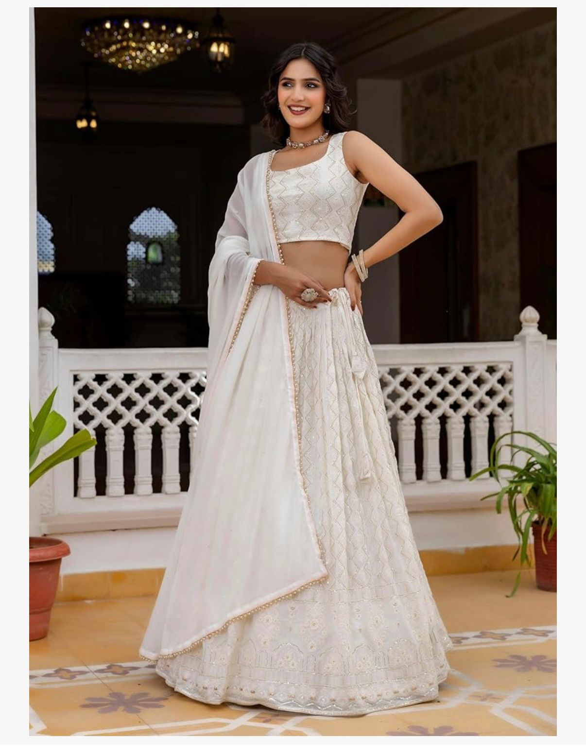 TRENDMALLS Women 's White Georgette Embroidery Sequence Work Lehenga Choli Set with Dupatta For Women