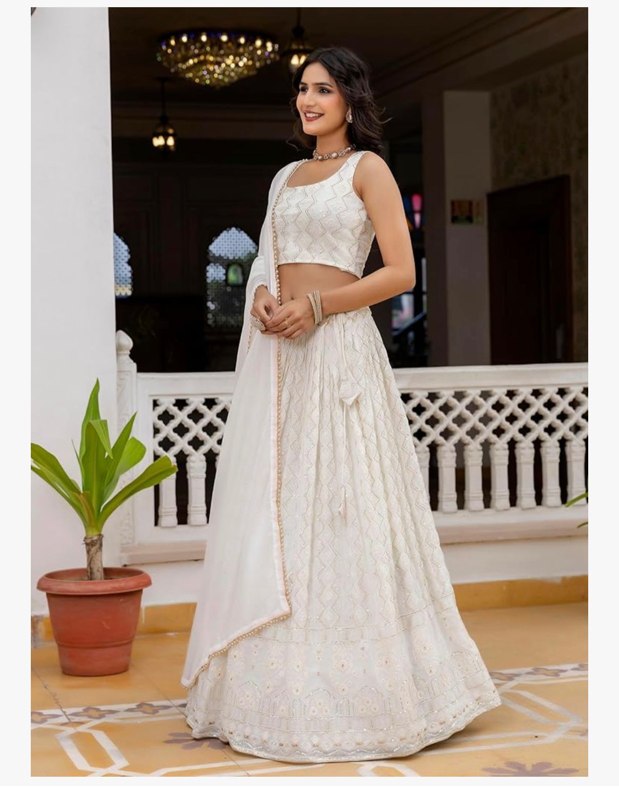 TRENDMALLS Women 's White Georgette Embroidery Sequence Work Lehenga Choli Set with Dupatta For Women