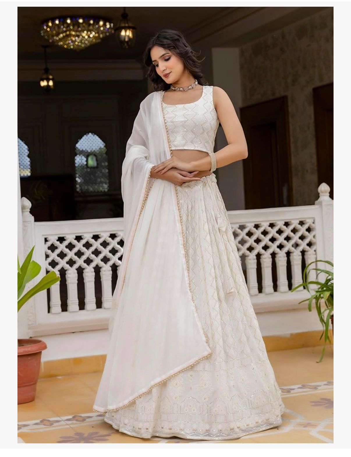 TRENDMALLS Women 's White Georgette Embroidery Sequence Work Lehenga Choli Set with Dupatta For Women