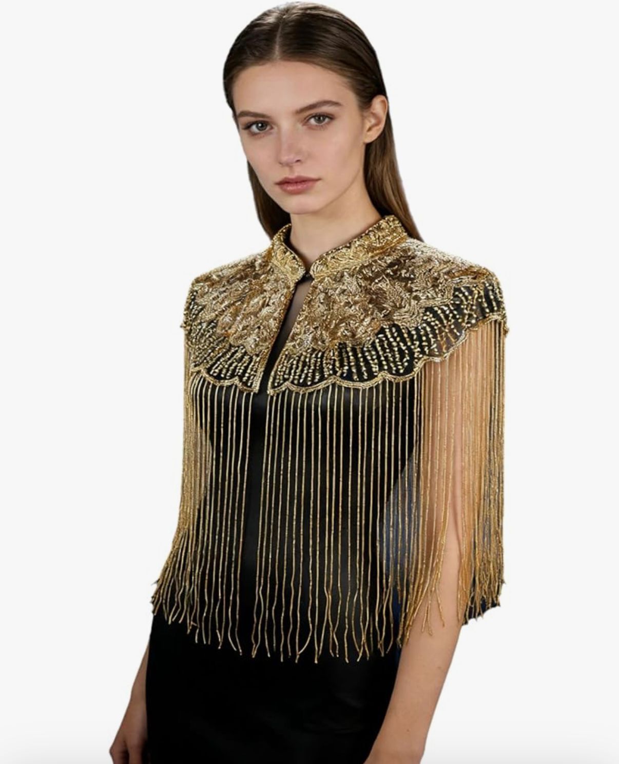 Art Deco 1920s Beaded Fringe Bolero Bridal Shawl - Gold Sequin Evening Designer Cover Up For Weddings