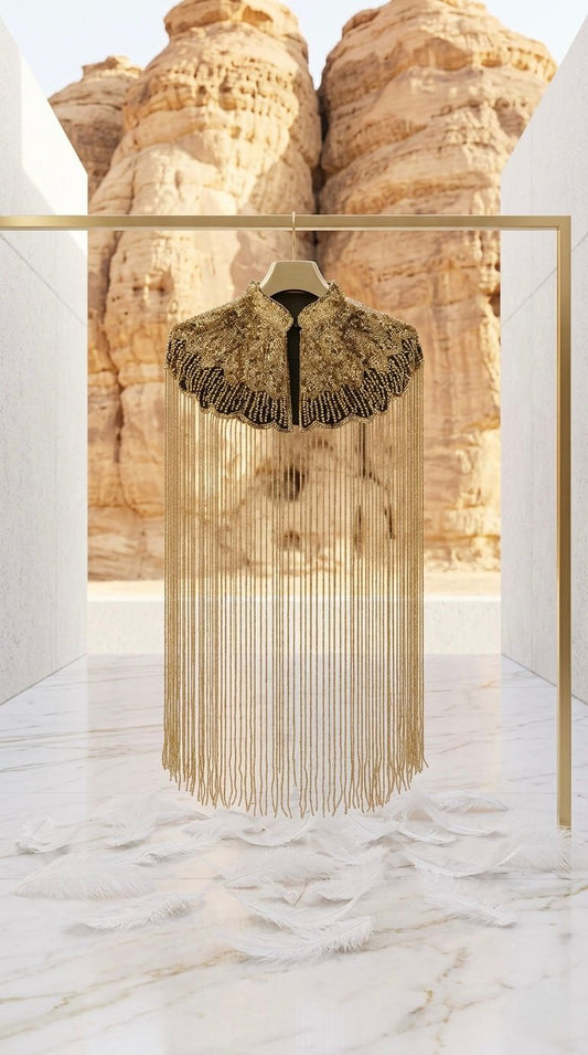 Art Deco 1920s Beaded Fringe Bolero Bridal Shawl - Gold Sequin Evening Designer Cover Up For Weddings