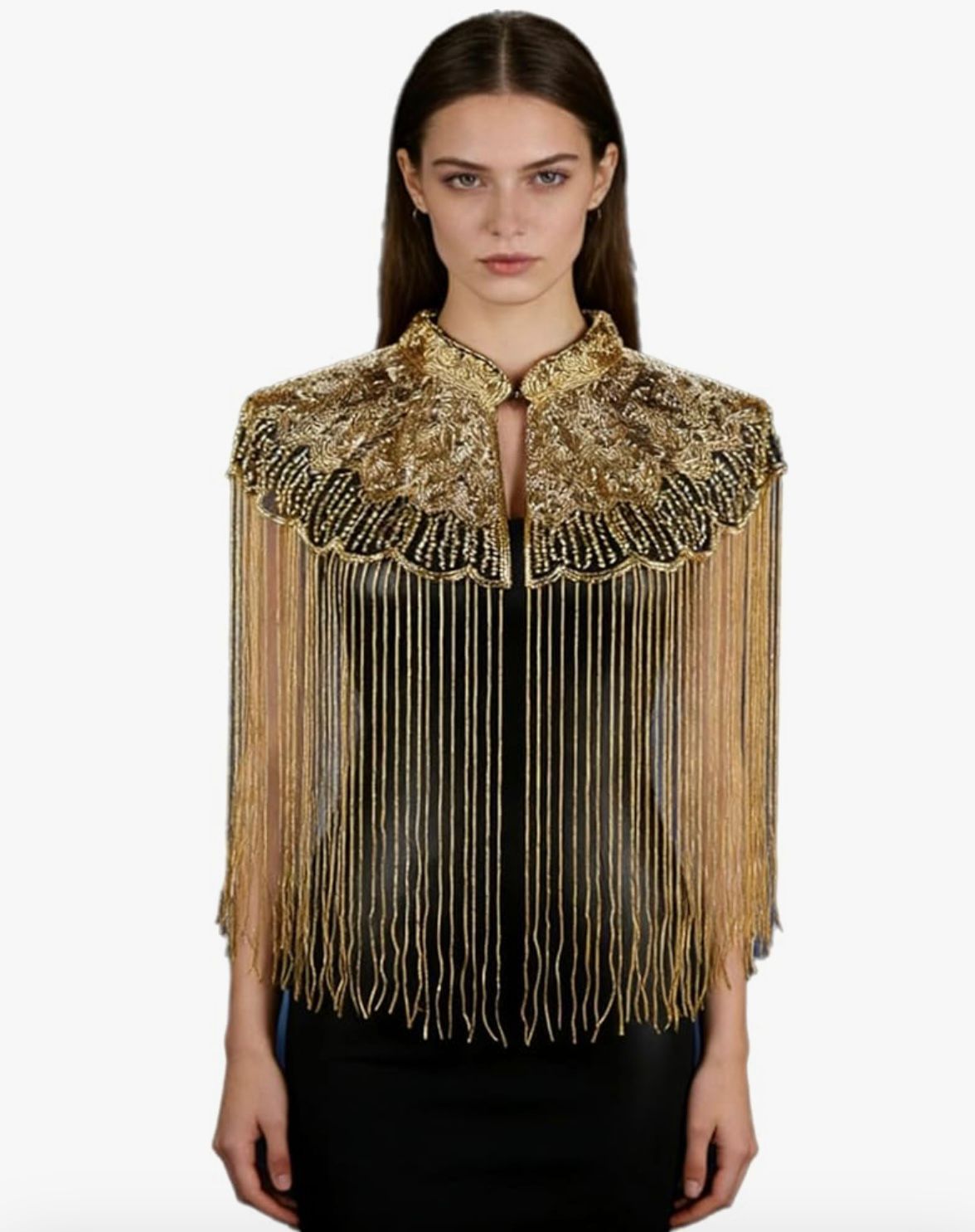 Art Deco 1920s Beaded Fringe Bolero Bridal Shawl - Gold Sequin Evening Designer Cover Up For Weddings