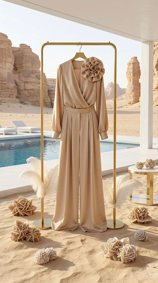 Women's Satin Two Piece Pants Set V Neck Blouse High Waist Wide Leg Trousers Elegant