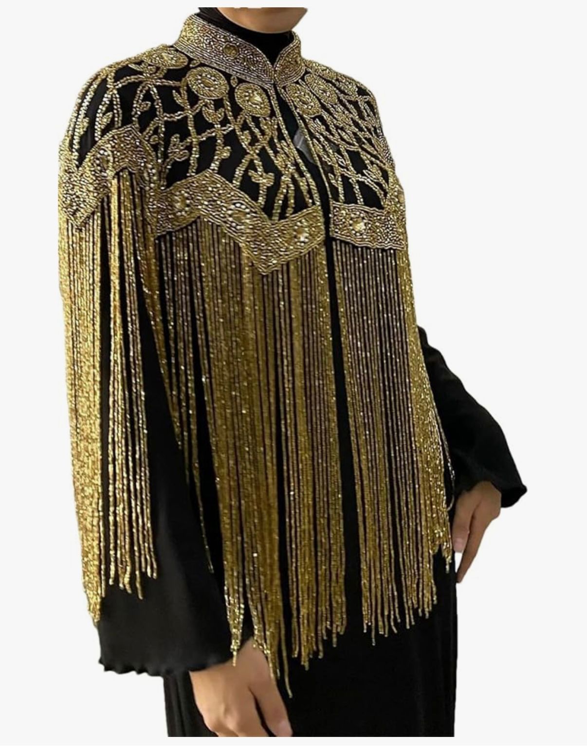 Maharani Dunes - Patchwork Tassel Fringed Cloak Coats Stand Collar Spliced Rhinestones Jacket