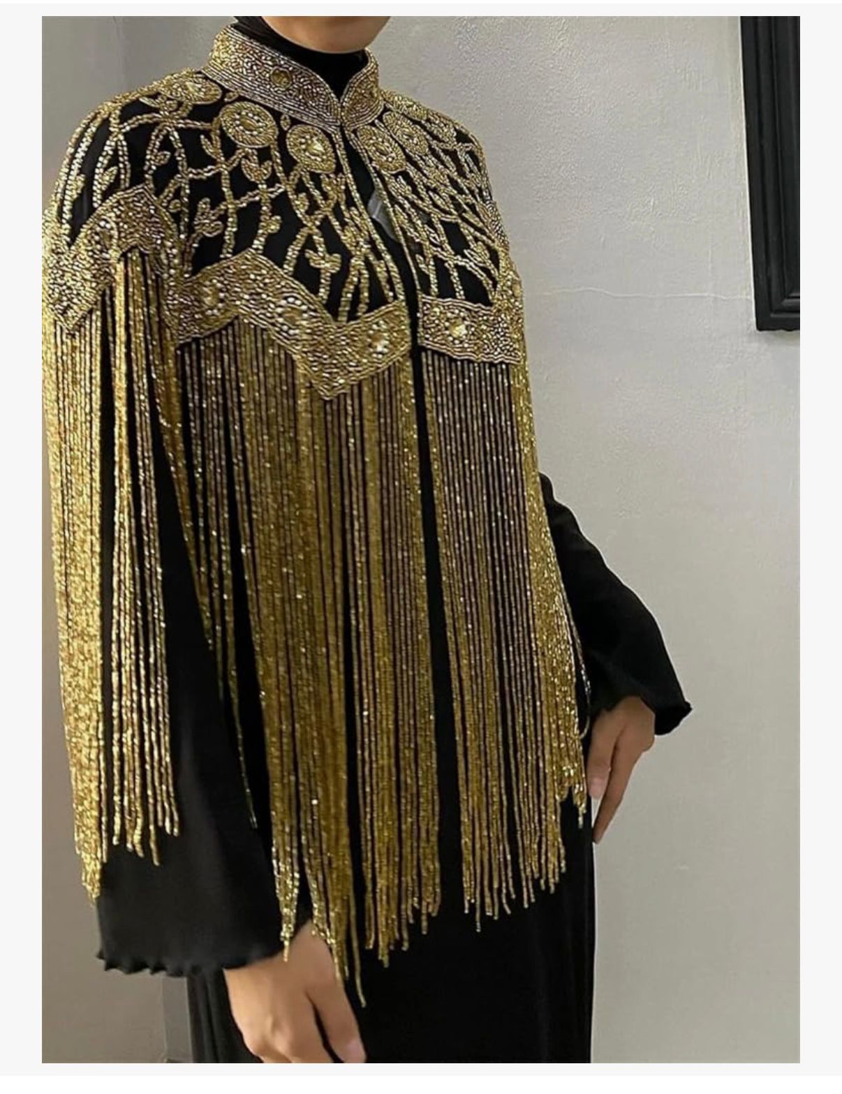 Maharani Dunes - Patchwork Tassel Fringed Cloak Coats Stand Collar Spliced Rhinestones Jacket