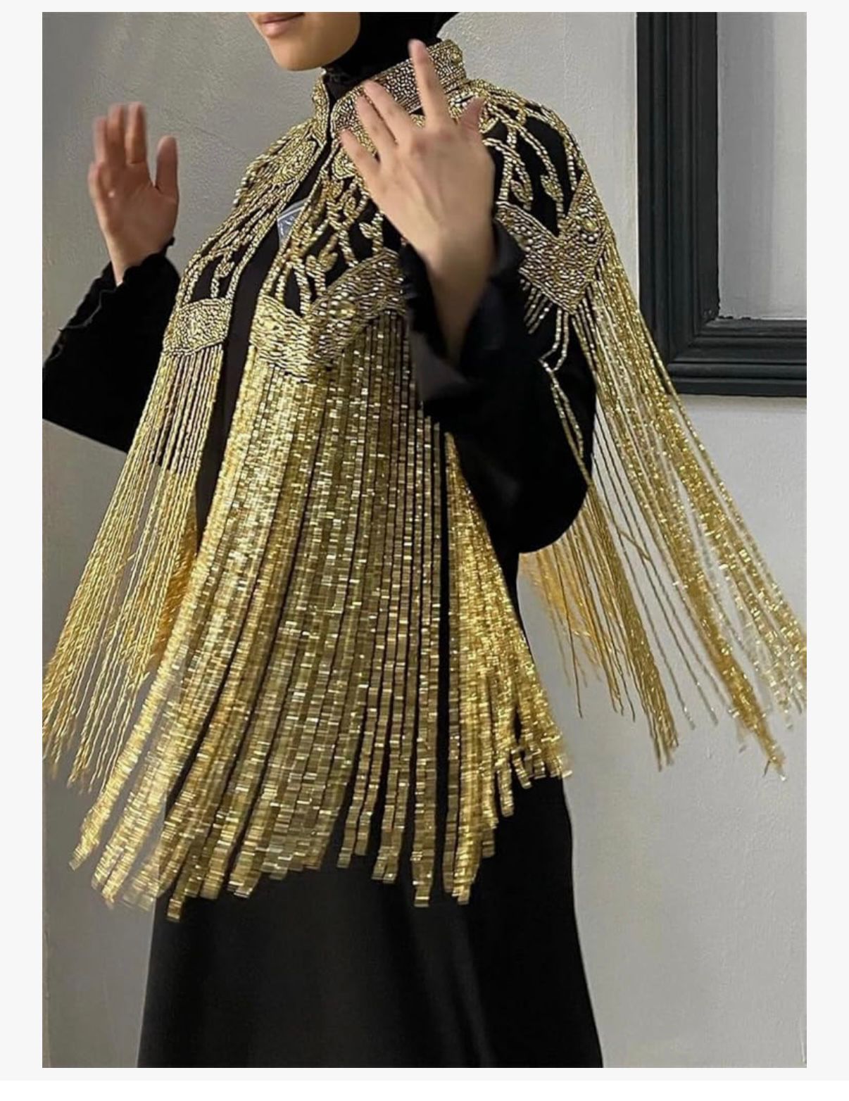 Maharani Dunes - Patchwork Tassel Fringed Cloak Coats Stand Collar Spliced Rhinestones Jacket