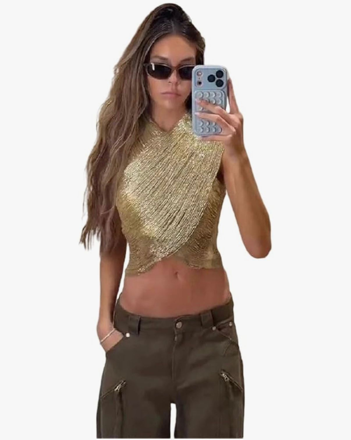 L'Or du Désert - Womens Gold Metallic Cross High Neck Ruched Glitter Crop Top