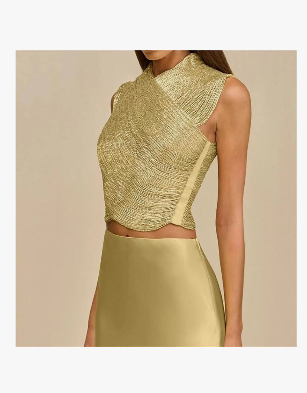 L'Or du Désert - Womens Gold Metallic Cross High Neck Ruched Glitter Crop Top