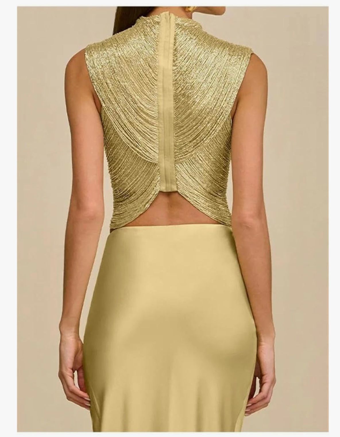 L'Or du Désert - Womens Gold Metallic Cross High Neck Ruched Glitter Crop Top
