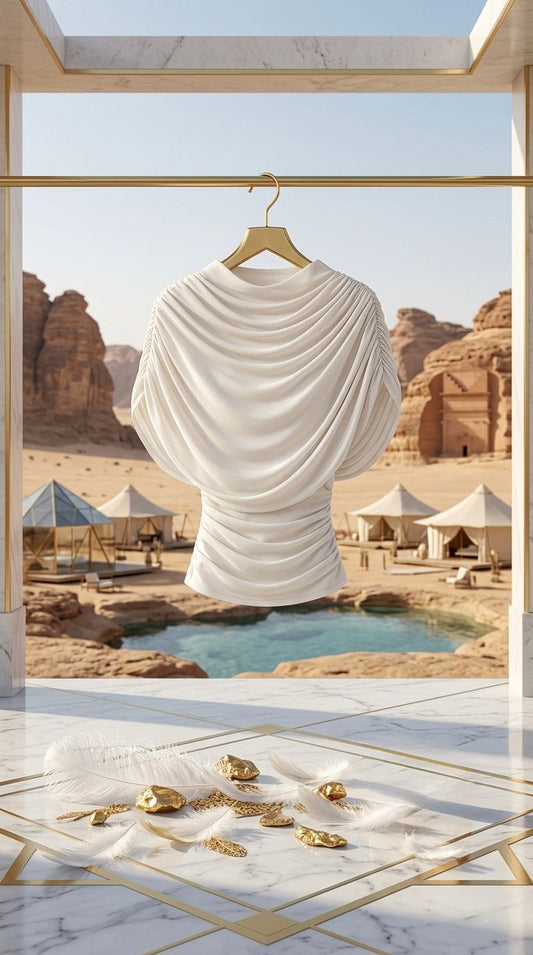 Oasis Éternelle - Women's Cape-Style Fitted Scarf Collar Pleated Design Chiffon Top