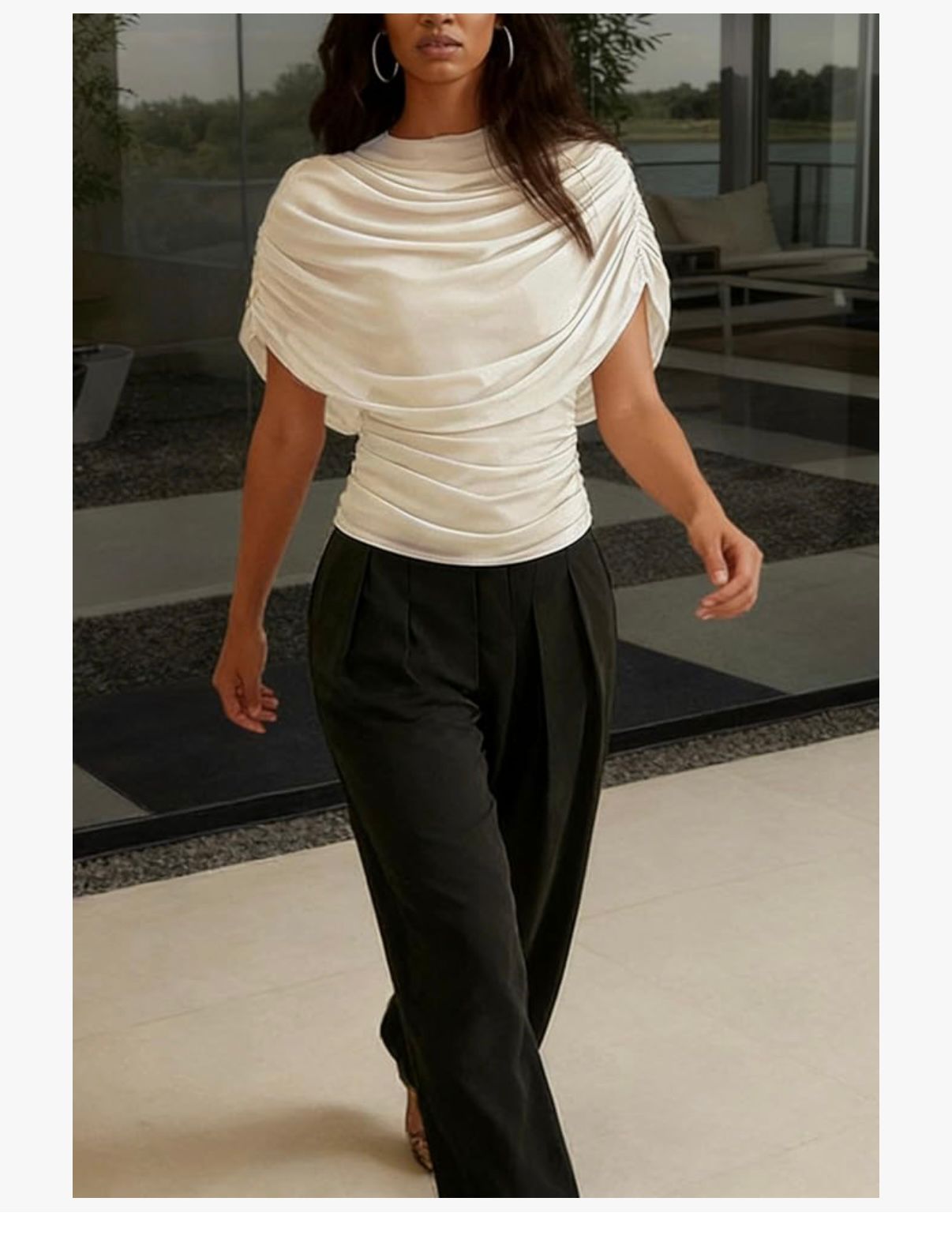Oasis Éternelle - Women's Cape-Style Fitted Scarf Collar Pleated Design Chiffon Top