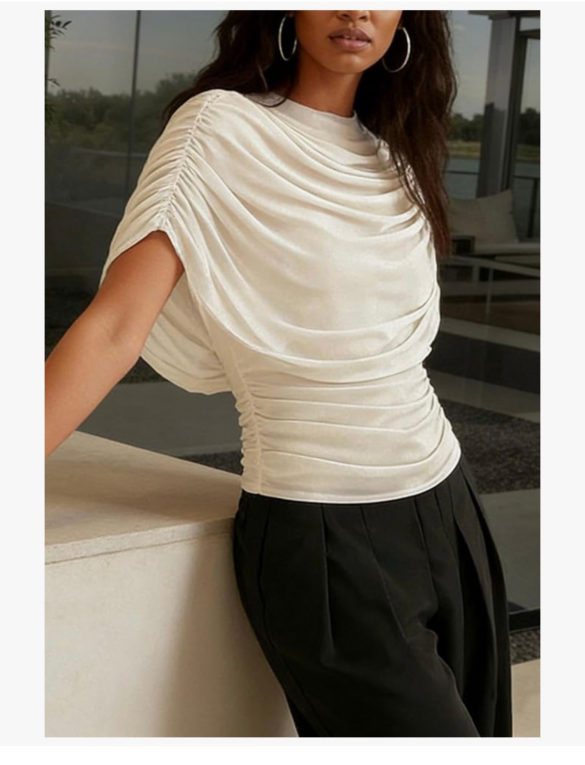 Oasis Éternelle - Women's Cape-Style Fitted Scarf Collar Pleated Design Chiffon Top