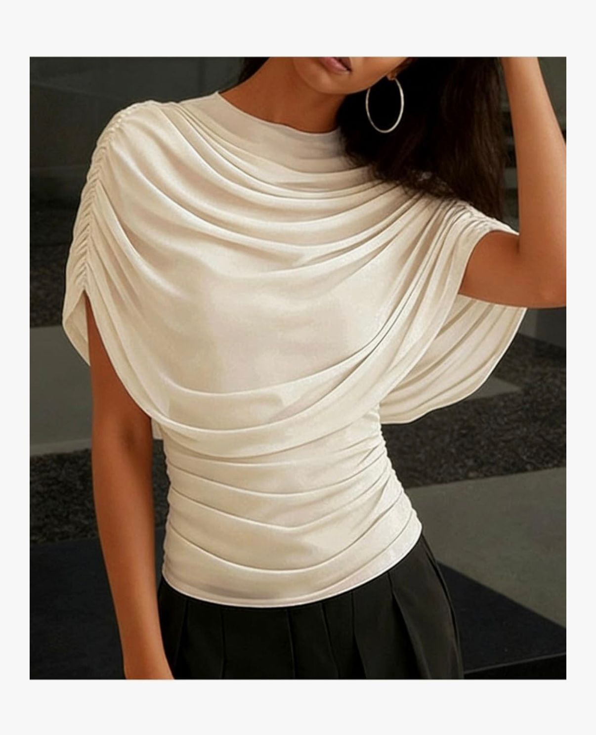 Oasis Éternelle - Women's Cape-Style Fitted Scarf Collar Pleated Design Chiffon Top