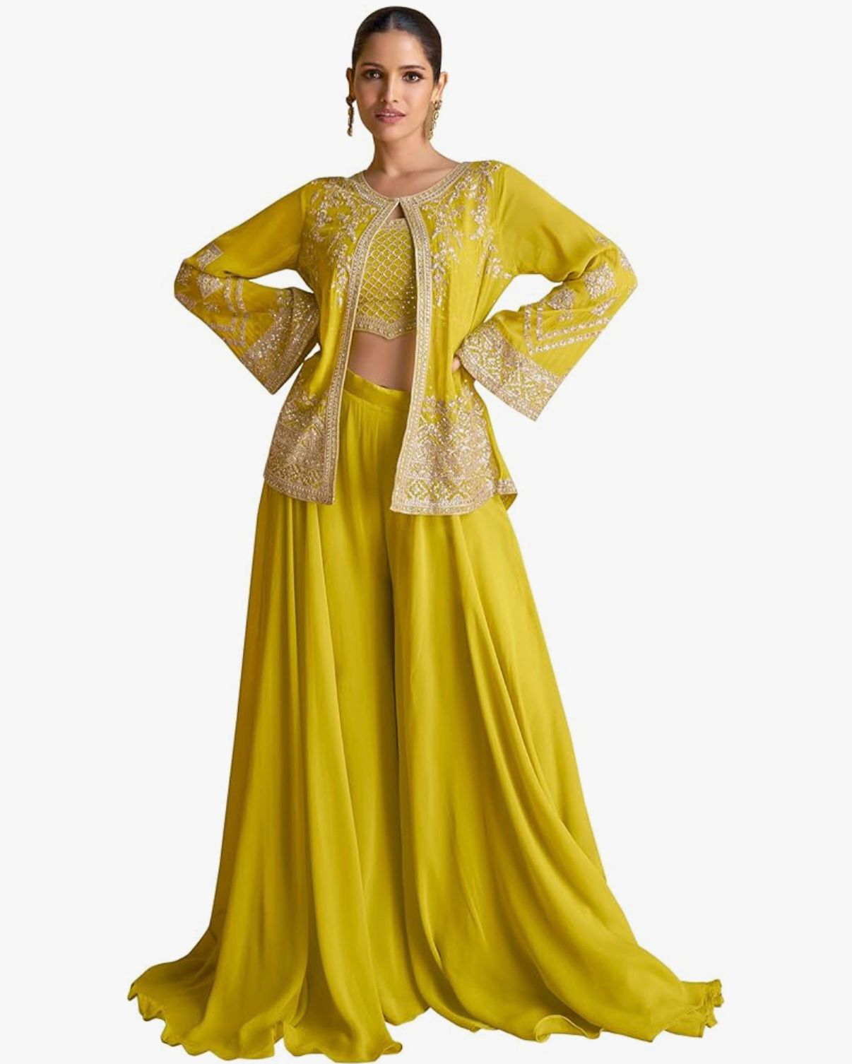 Ra - The Sun God Women's Georgette Embroidery Work Crop Top with Flared Palazzo and Shrug Set