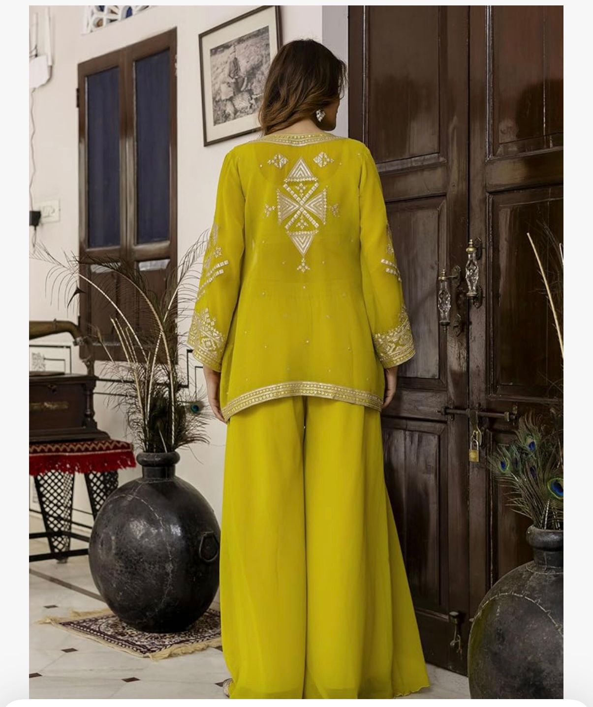 Ra - The Sun God Women's Georgette Embroidery Work Crop Top with Flared Palazzo and Shrug Set