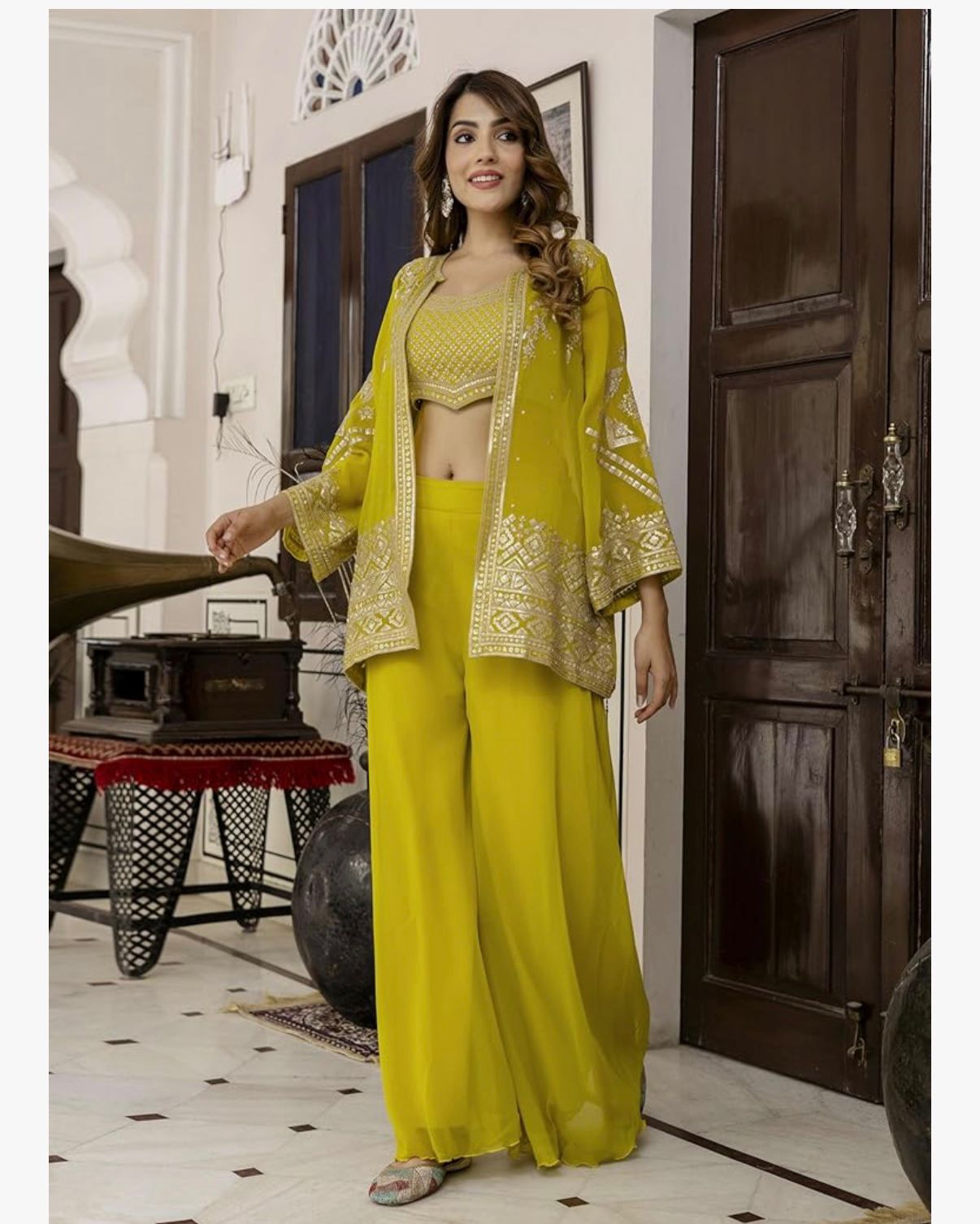 Ra - The Sun God Women's Georgette Embroidery Work Crop Top with Flared Palazzo and Shrug Set