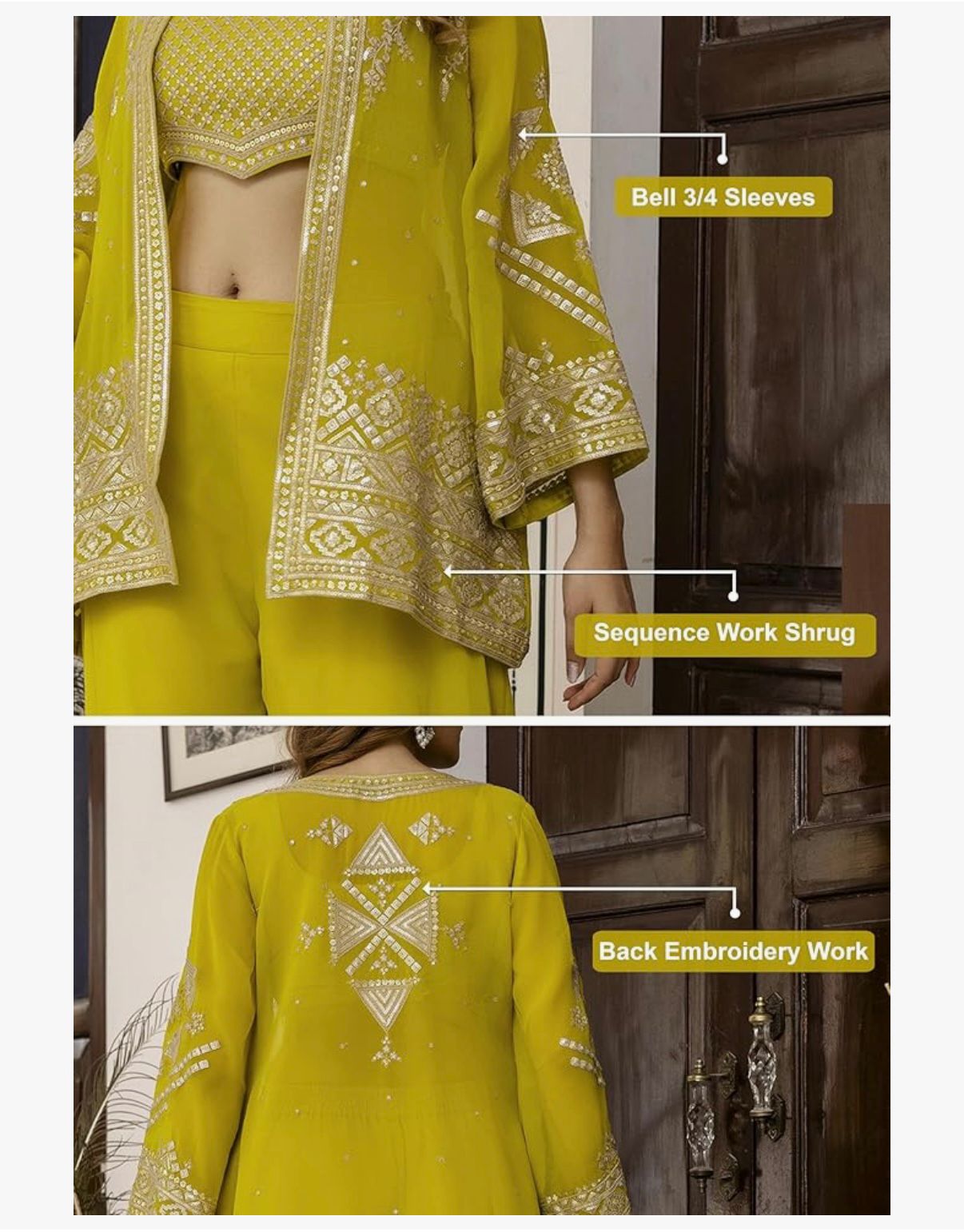Ra - The Sun God Women's Georgette Embroidery Work Crop Top with Flared Palazzo and Shrug Set