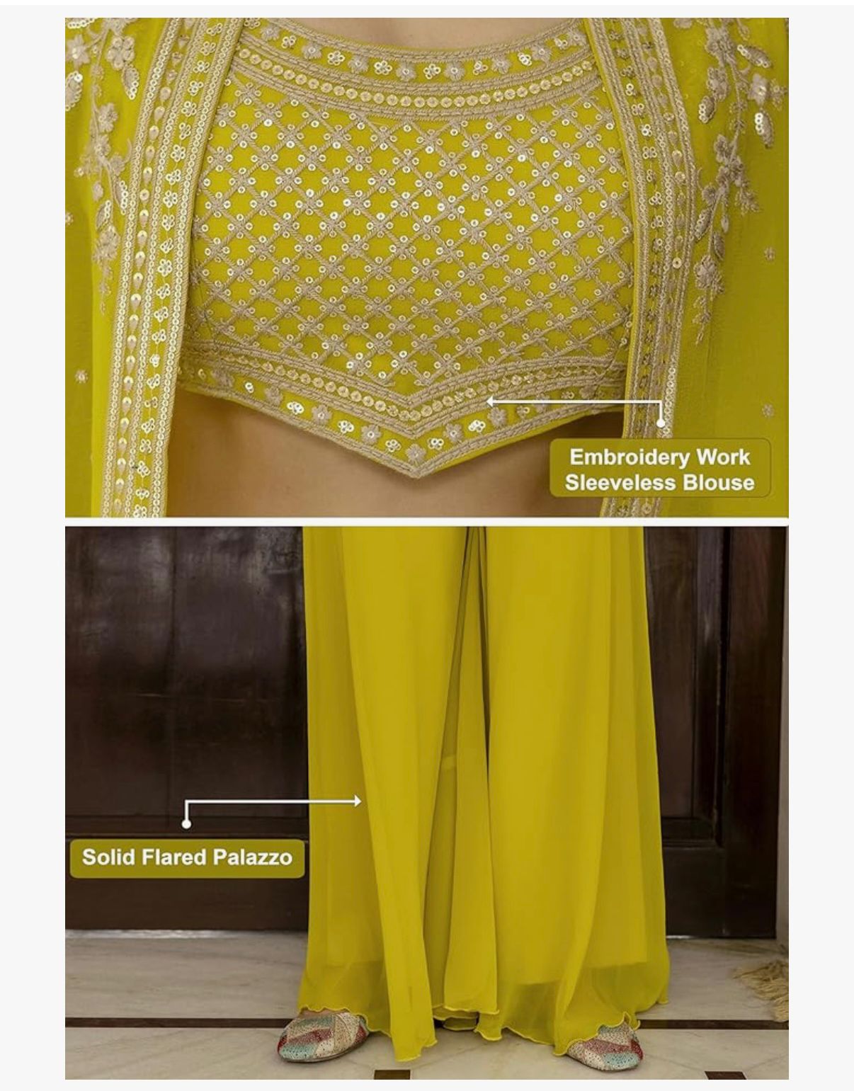 Ra - The Sun God Women's Georgette Embroidery Work Crop Top with Flared Palazzo and Shrug Set