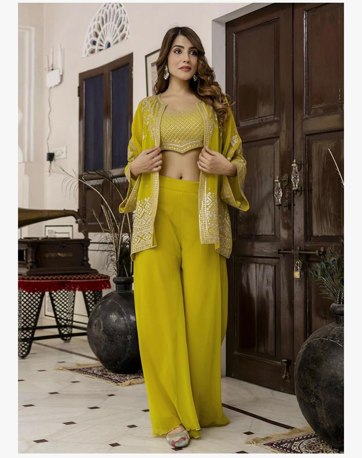 Ra - The Sun God Women's Georgette Embroidery Work Crop Top with Flared Palazzo and Shrug Set
