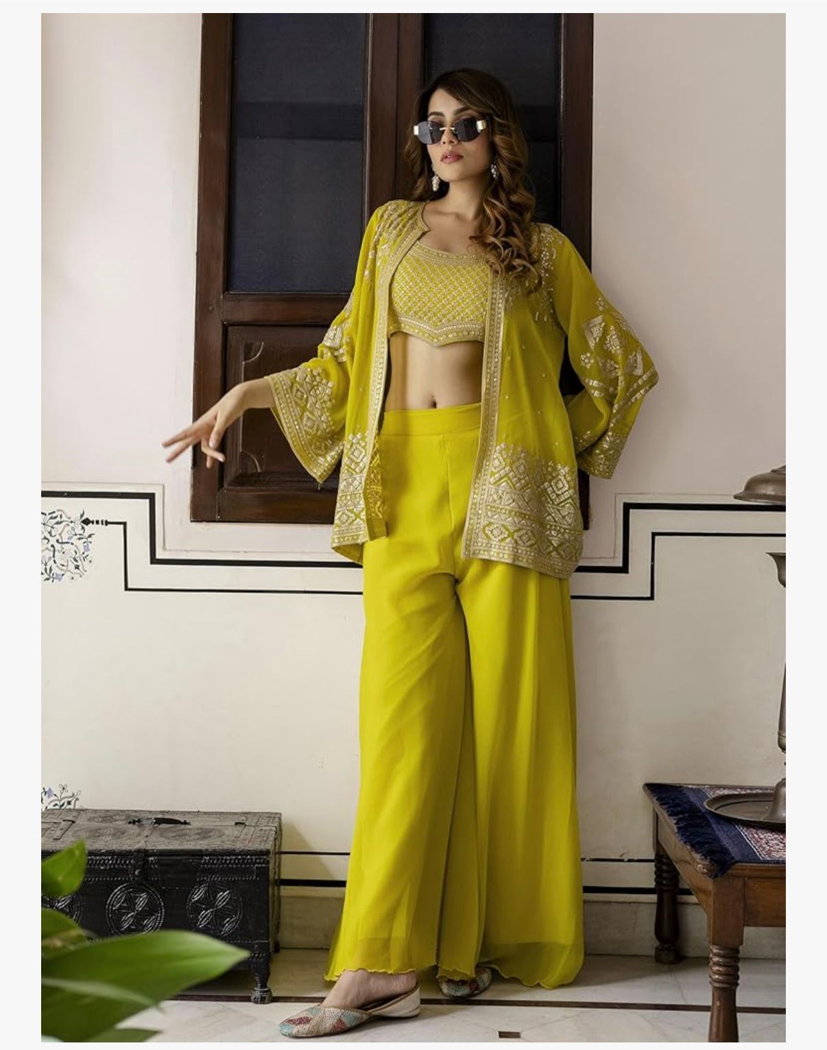 Ra - The Sun God Women's Georgette Embroidery Work Crop Top with Flared Palazzo and Shrug Set