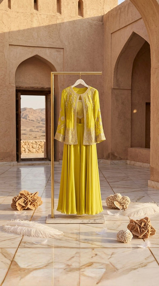 Ra - The Sun God Women's Georgette Embroidery Work Crop Top with Flared Palazzo and Shrug Set
