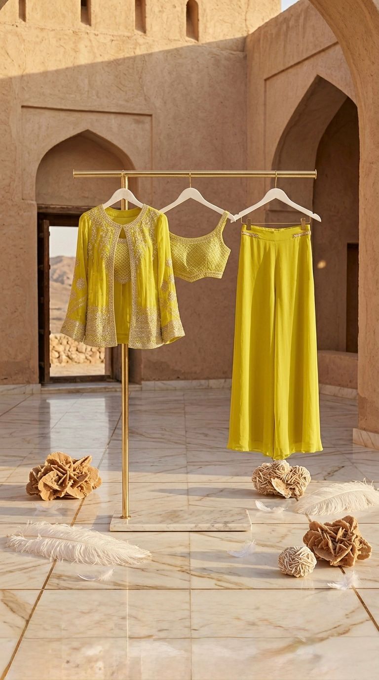 Ra - The Sun God Women's Georgette Embroidery Work Crop Top with Flared Palazzo and Shrug Set