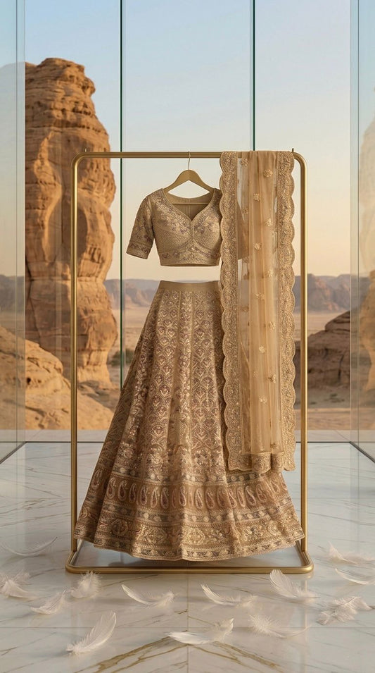 GOLD DUNES - Indian Net Fabric Dori zarkan Sequence Thread Work Party Wear Lehenga 16266