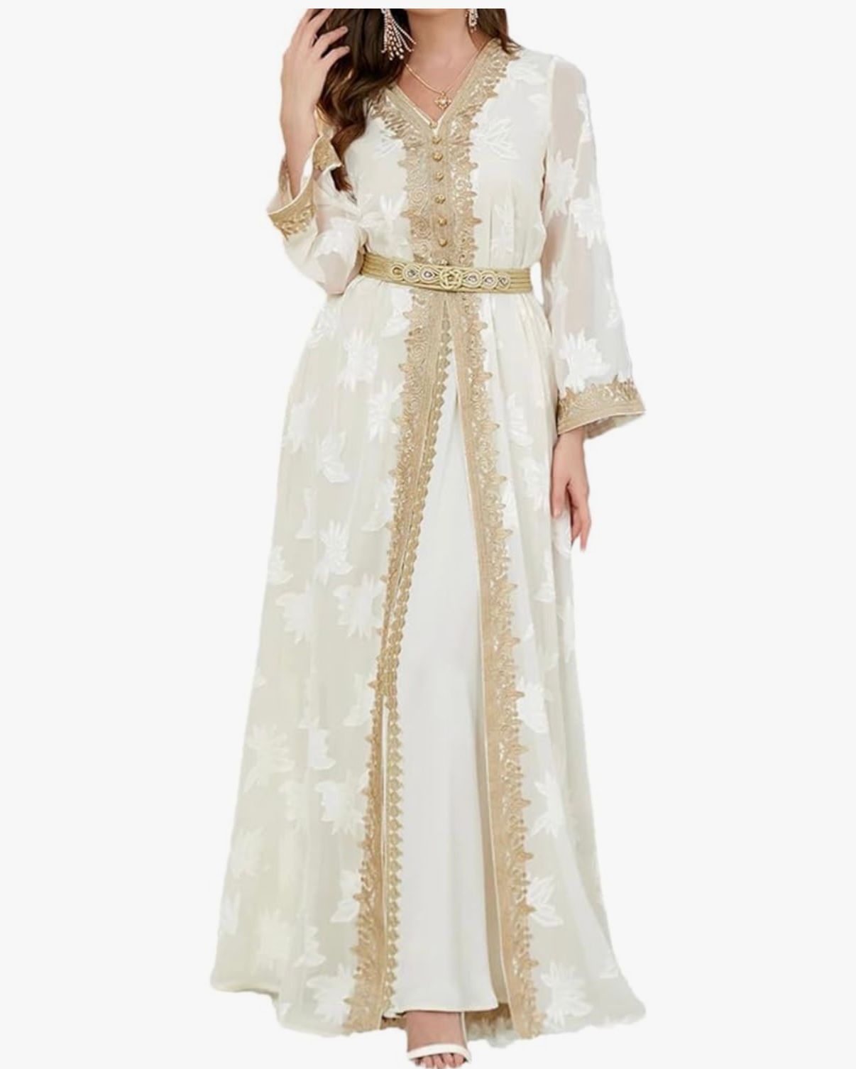 LATIFA - Luxury Moroccan Kaftan Women Embroidery Chiffon Outer Abaya Belted 2-Pieces Dresses Arab Evening Wedding Dresses