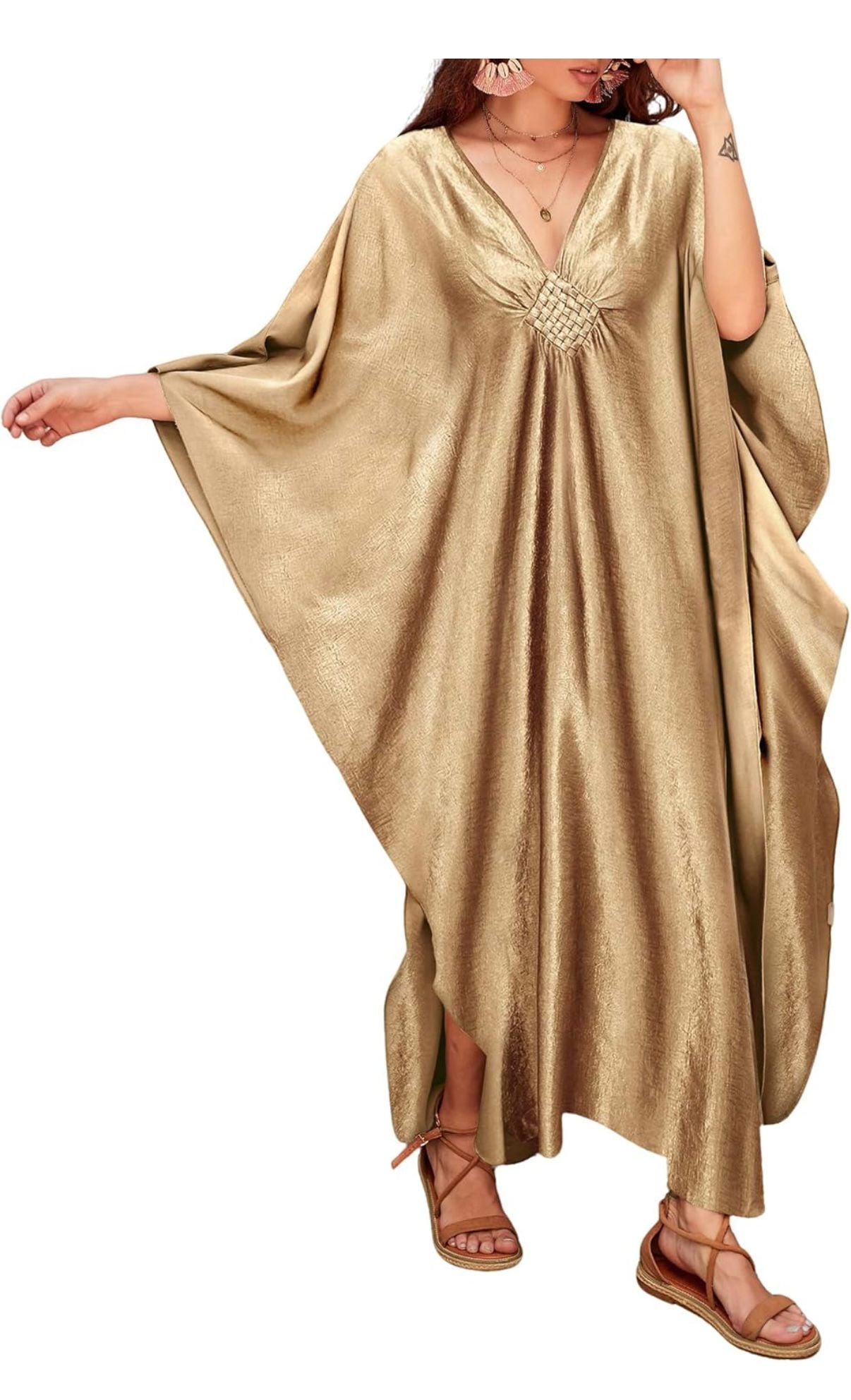 ZAHRA AL-RAML - Luxury Women Solid Colour Cover Up V Neck Batwing Sleeve Plus Size Beach Kaftan Dresses