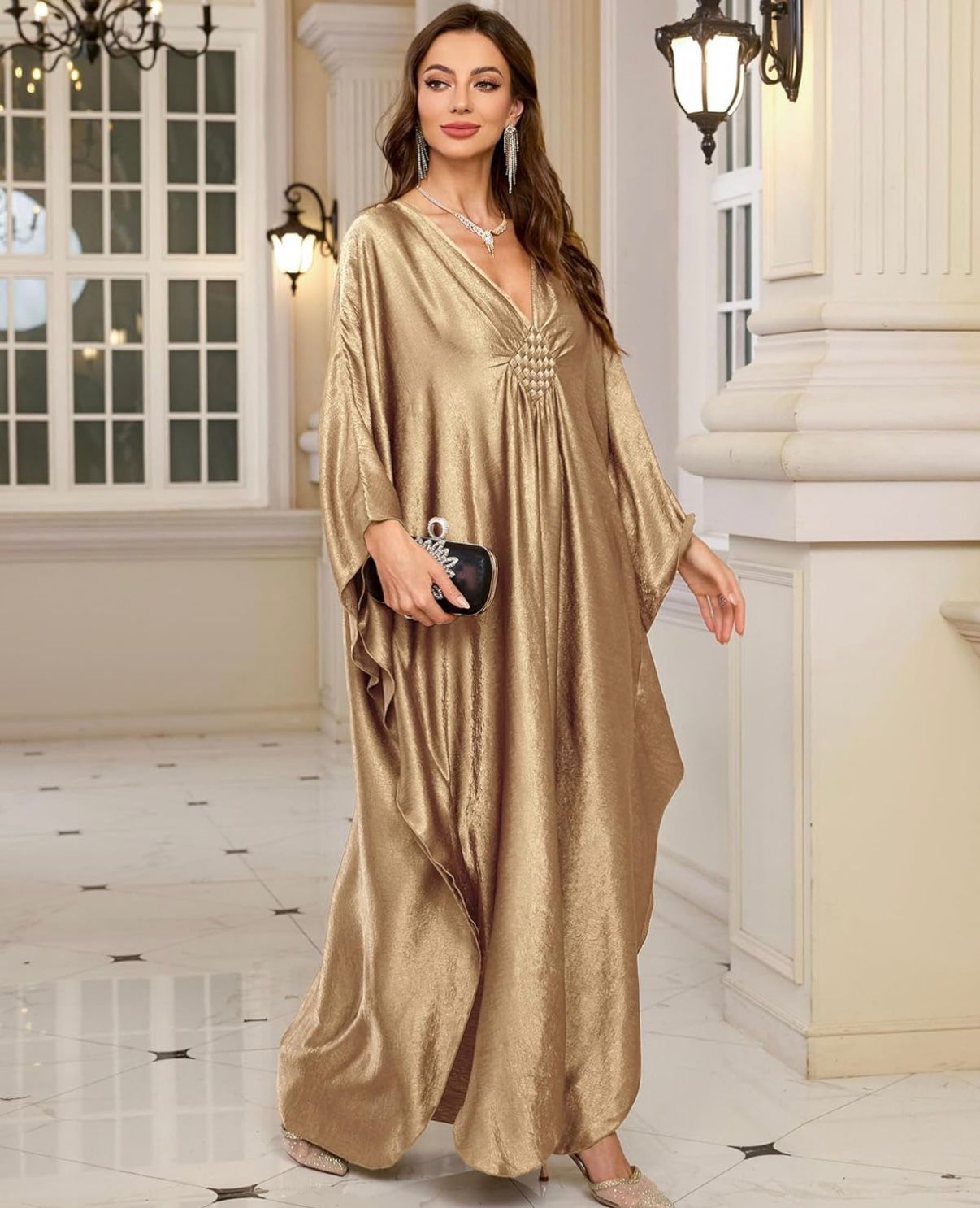 ZAHRA AL-RAML - Luxury Women Solid Colour Cover Up V Neck Batwing Sleeve Plus Size Beach Kaftan Dresses