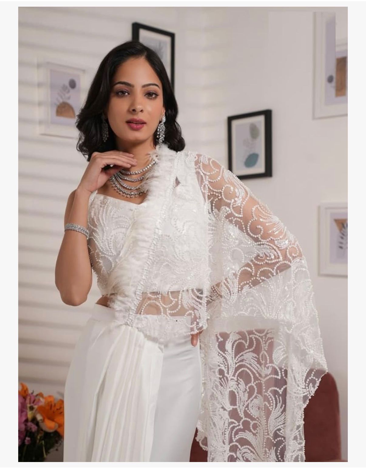 ANGEL MOTI - Indian Women Party Festive Sari Ready to Wear Satin Embroidered Blouse Design Saree 1080