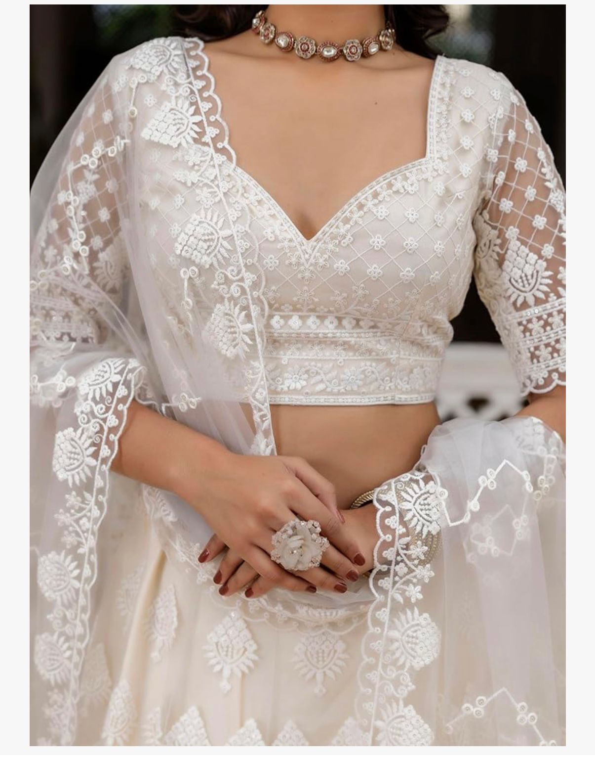 SAFED DUNES - TRENDMALLS Women's White Net Embroidery Sequence Work Lehenga Choli Set with Dupatta For Women