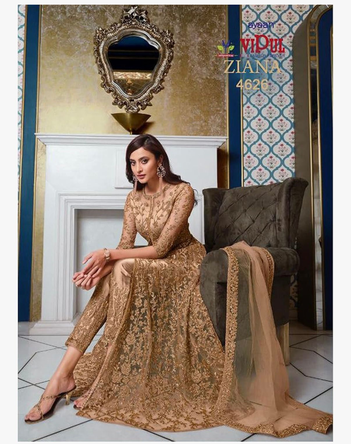 ZIANA - Indian Designer Salwar Kameez Suits Embroidery Worked Unstitched Long Anarkali Gown Dress with Trouser Pant Suit
