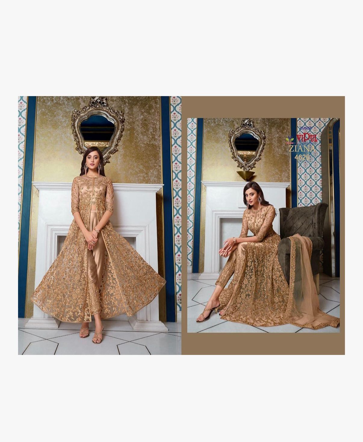 ZIANA - Indian Designer Salwar Kameez Suits Embroidery Worked Unstitched Long Anarkali Gown Dress with Trouser Pant Suit
