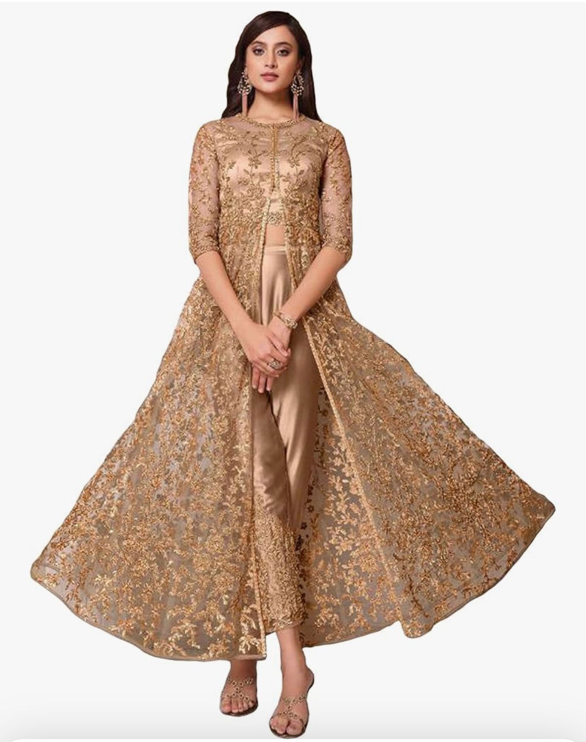 ZIANA - Indian Designer Salwar Kameez Suits Embroidery Worked Unstitched Long Anarkali Gown Dress with Trouser Pant Suit