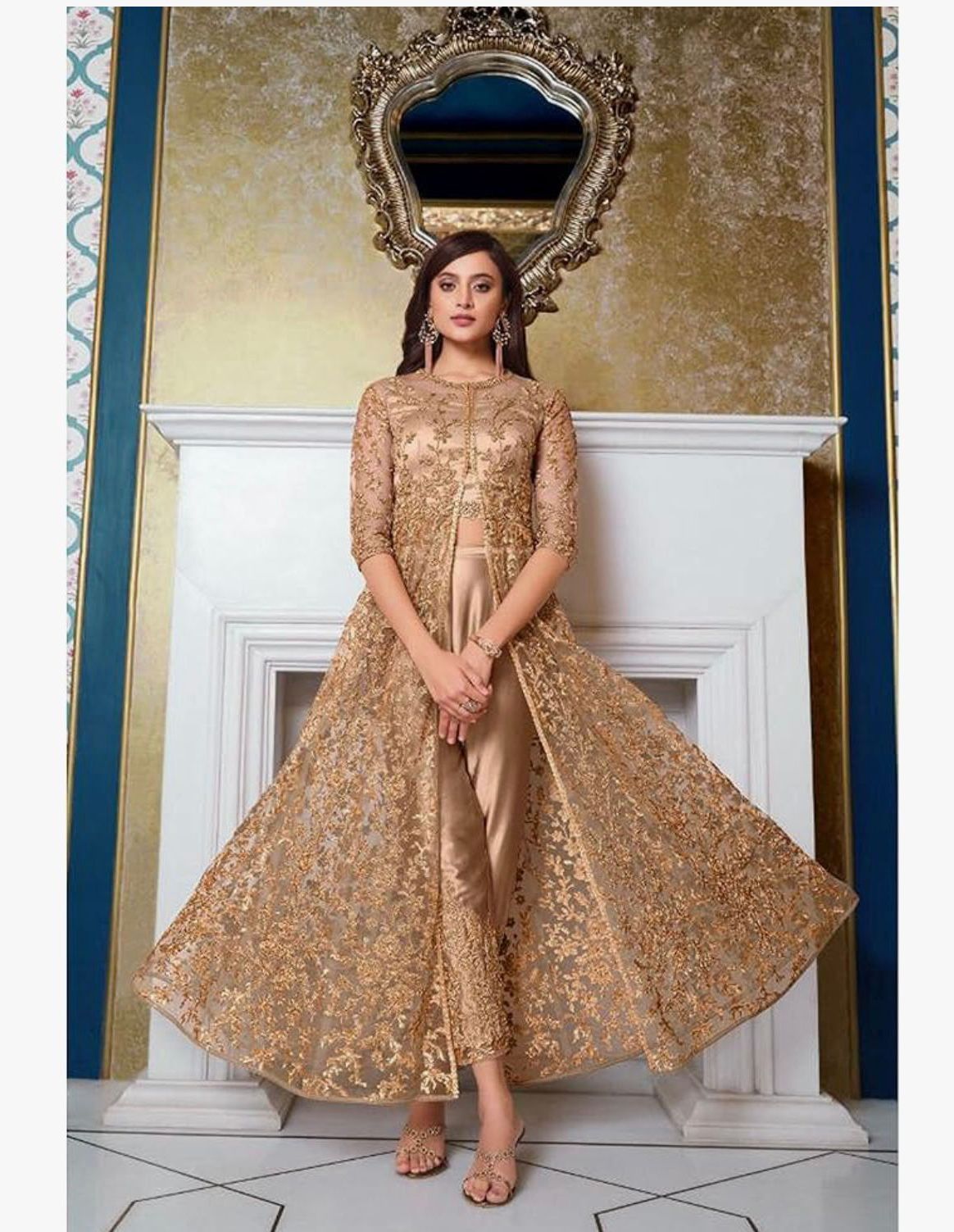 ZIANA - Indian Designer Salwar Kameez Suits Embroidery Worked Unstitched Long Anarkali Gown Dress with Trouser Pant Suit