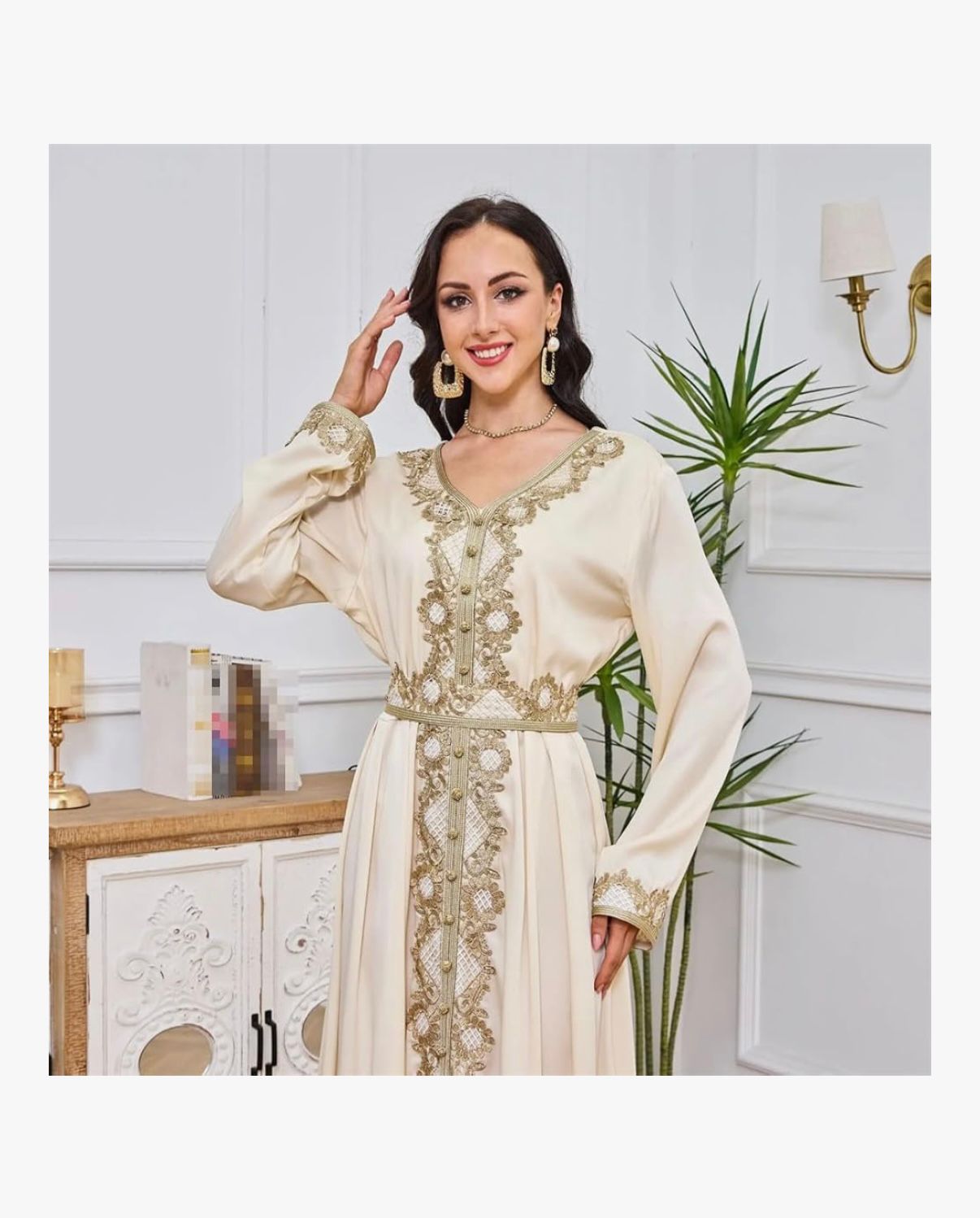 LINA ZAHIRA - Embroidered Moroccan Dress Elegant Casual Long Dress Women Long Sleeve Loose Abaya