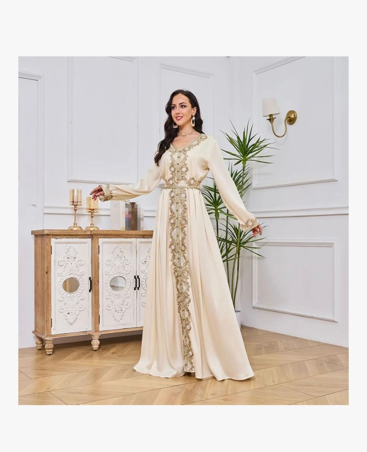 LINA ZAHIRA - Embroidered Moroccan Dress Elegant Casual Long Dress Women Long Sleeve Loose Abaya